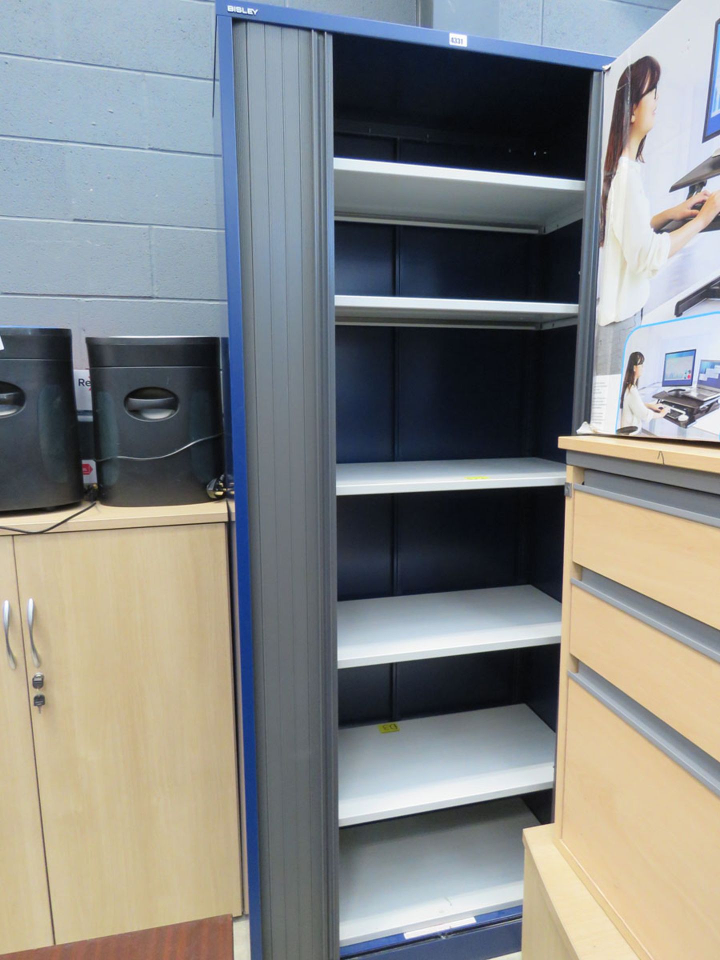 7ft blue and grey tambour fronted stationery cupboard with built in shelves