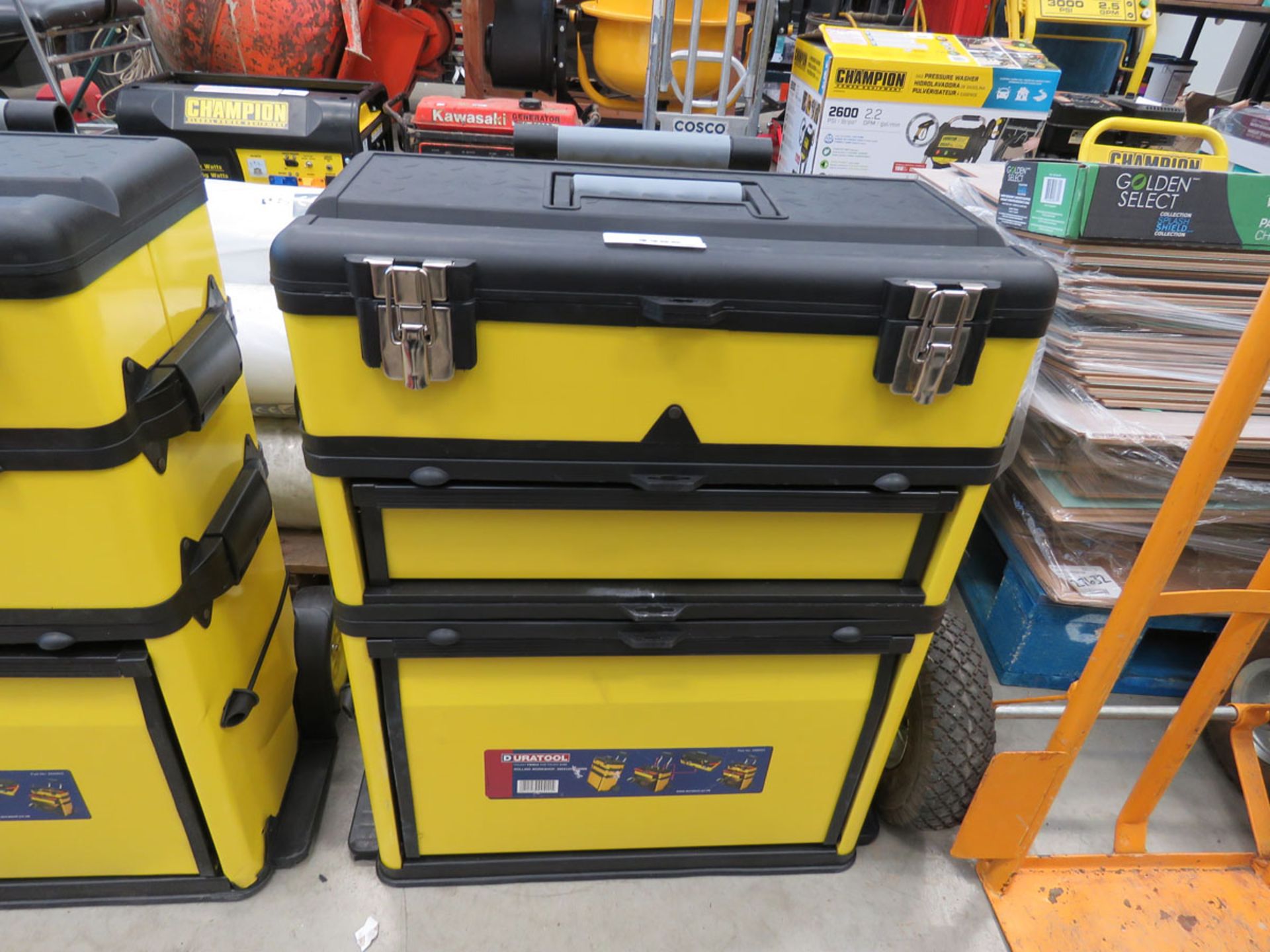 Duratool yellow and black wheeled tool box