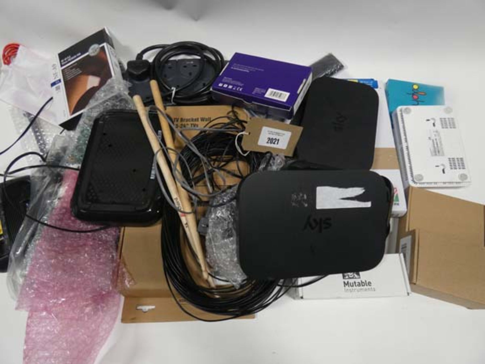 Bag containing routers, stands, cables, adapters, headset, drumsticks, boards etc