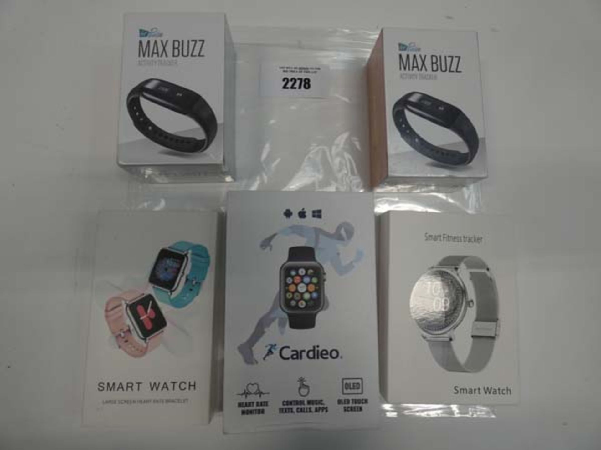 2x Max Buzz activity trackers, Cardieo smartwatch and 2 other smartwatches