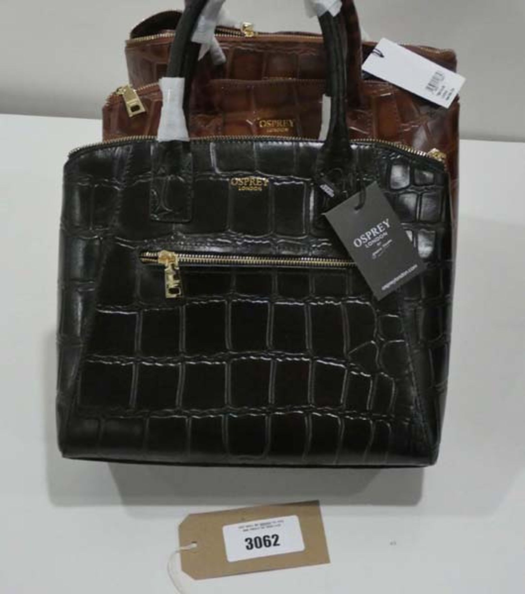 3 ladies Osprey handbags, 1 in black and 2 in brown