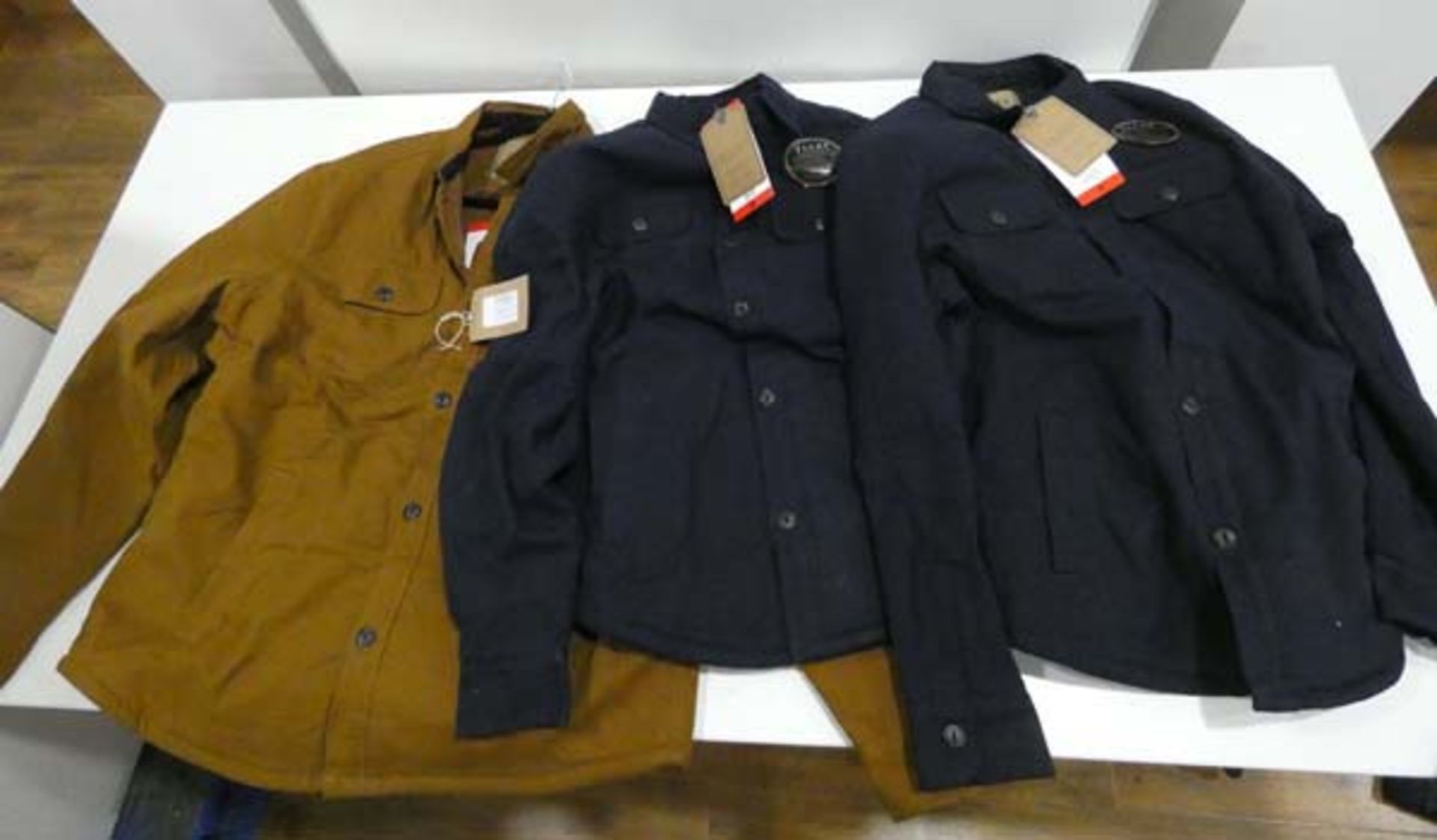 3 stretch canvas shirt jackets, 2 in blue, 1 in brown, all size M