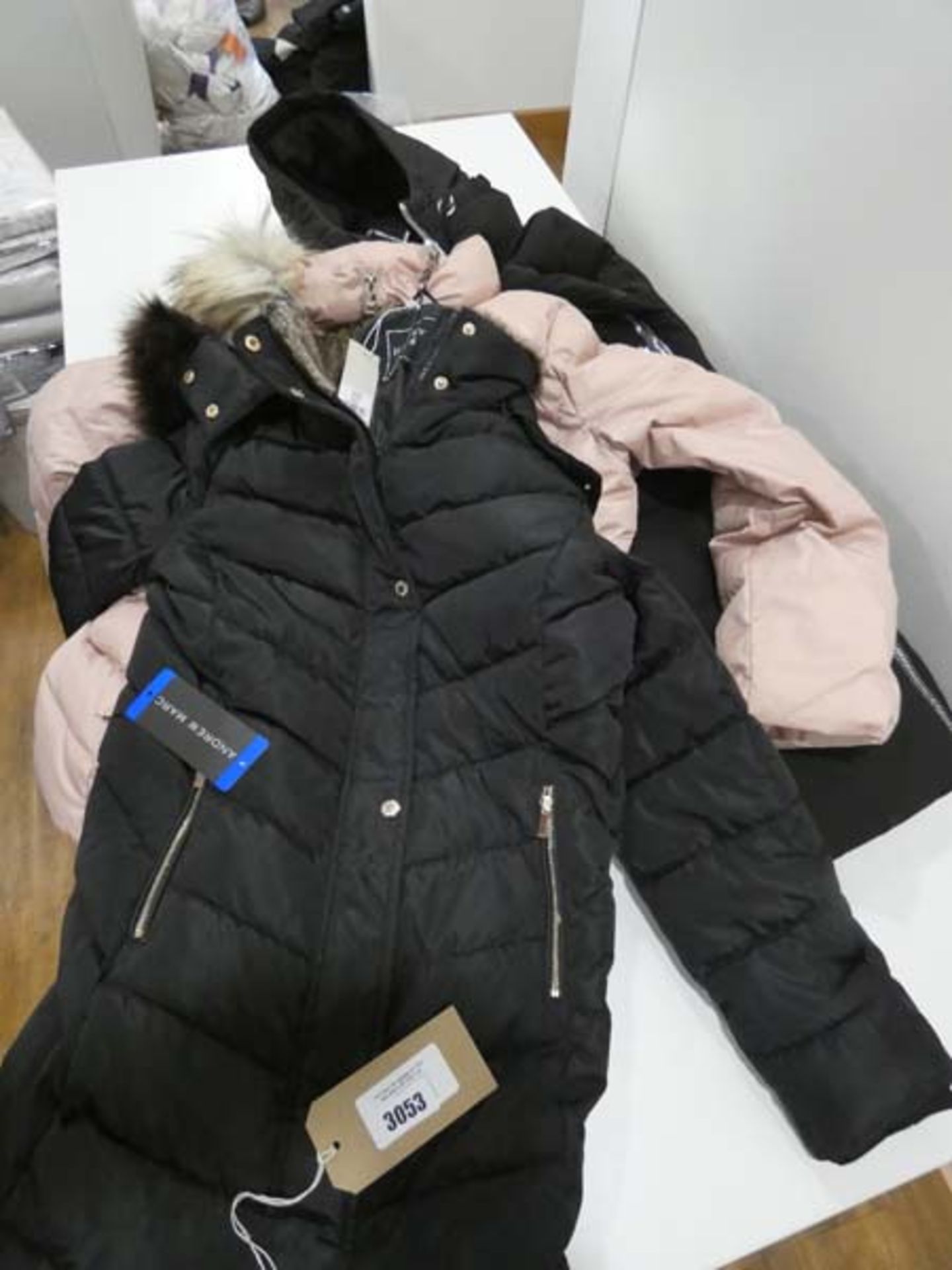 3 ladies coats by Andrew Marc, Harvey Jones and DKNY, 2 black and 1 salmon pink, in various sizes