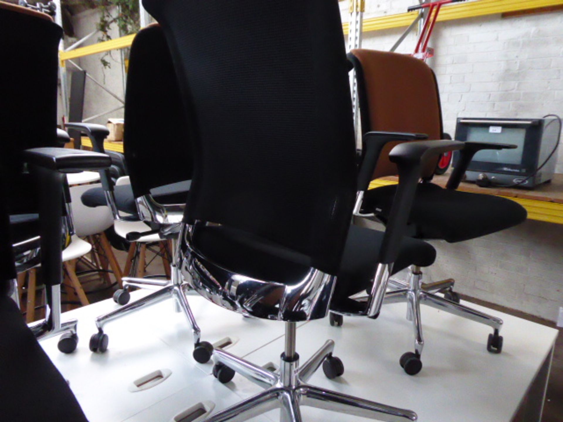 Interstuhl black cloth seat and black and brown cloth back rest chrome frame office swivel armchair - Image 2 of 2