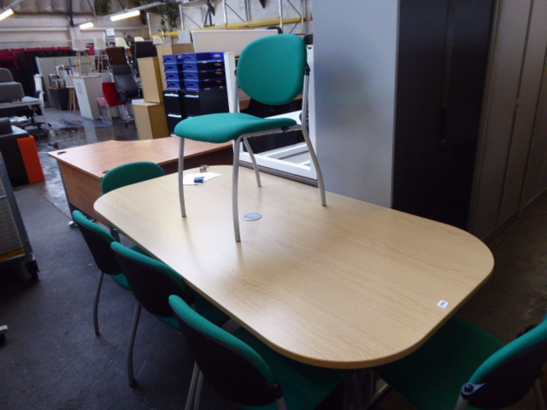 200cm oak effect meeting table, with a set of 6 Pledge metal frame green cloth chairs - Image 2 of 3