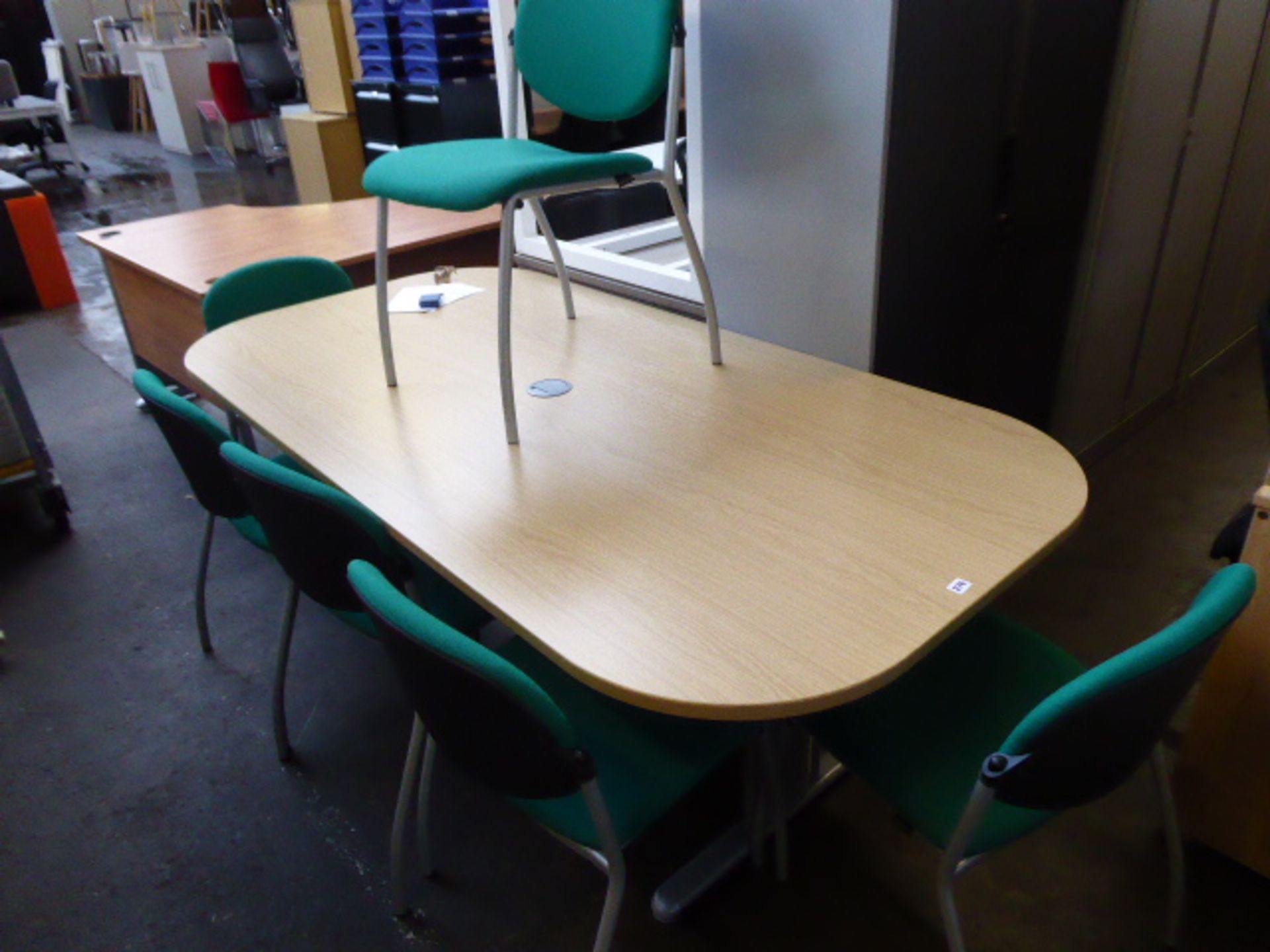 200cm oak effect meeting table, with a set of 6 Pledge metal frame green cloth chairs
