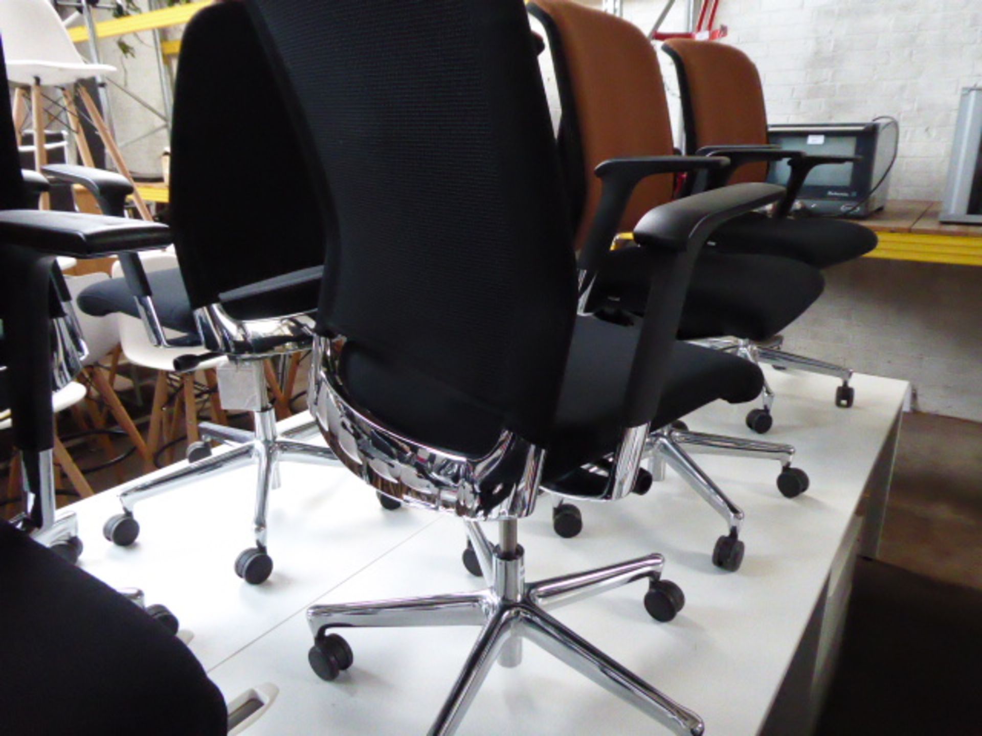 Interstuhl black cloth seat and black and brown cloth back rest chrome frame office swivel armchair - Image 2 of 2