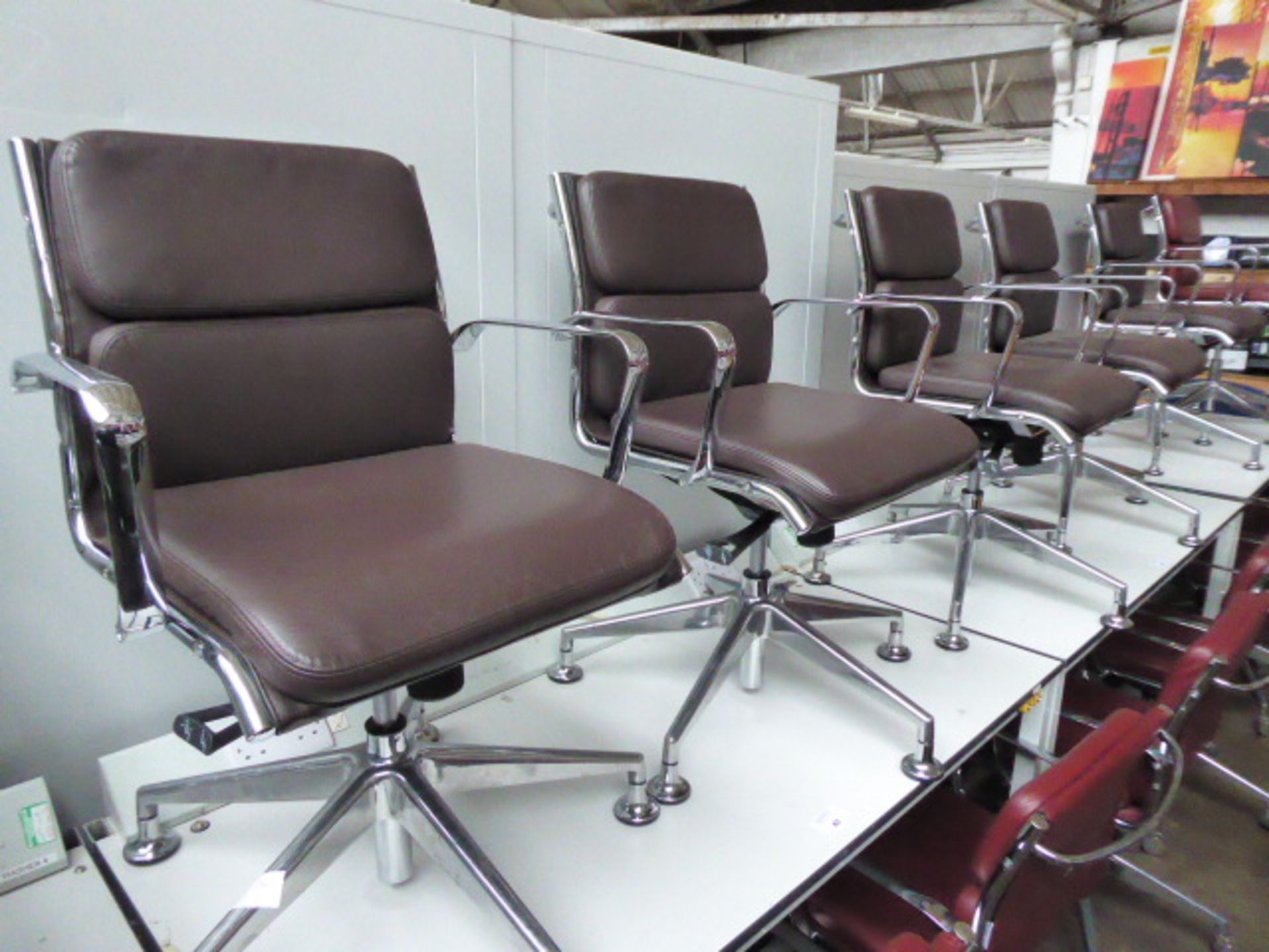 4 Milani Charles Eames style soft pad swivel armchairs in dark brown leather (4 with castors) - Image 3 of 3