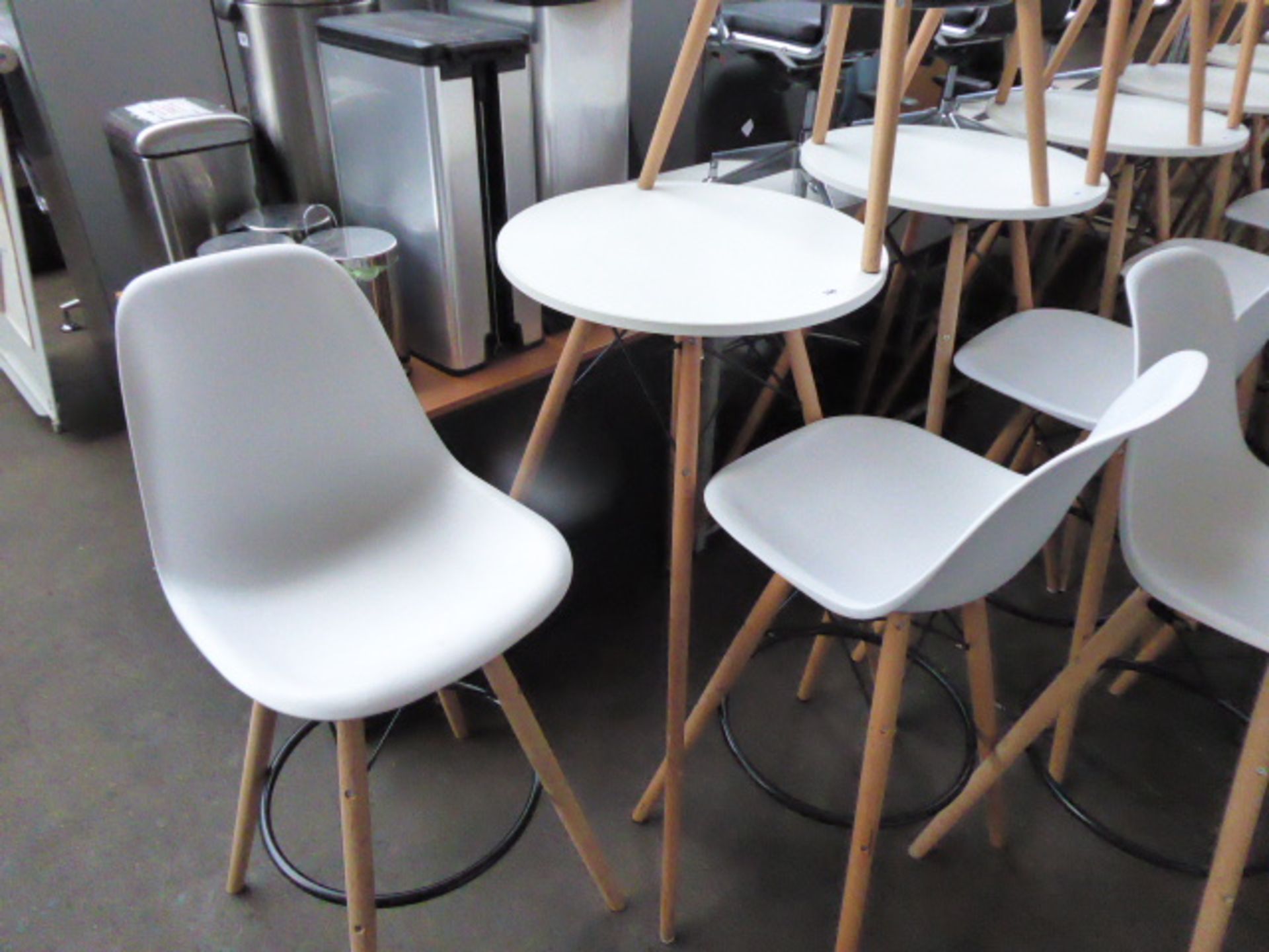 High level 60 cm diameter white top Eiffel style table with 3 matching high level stools