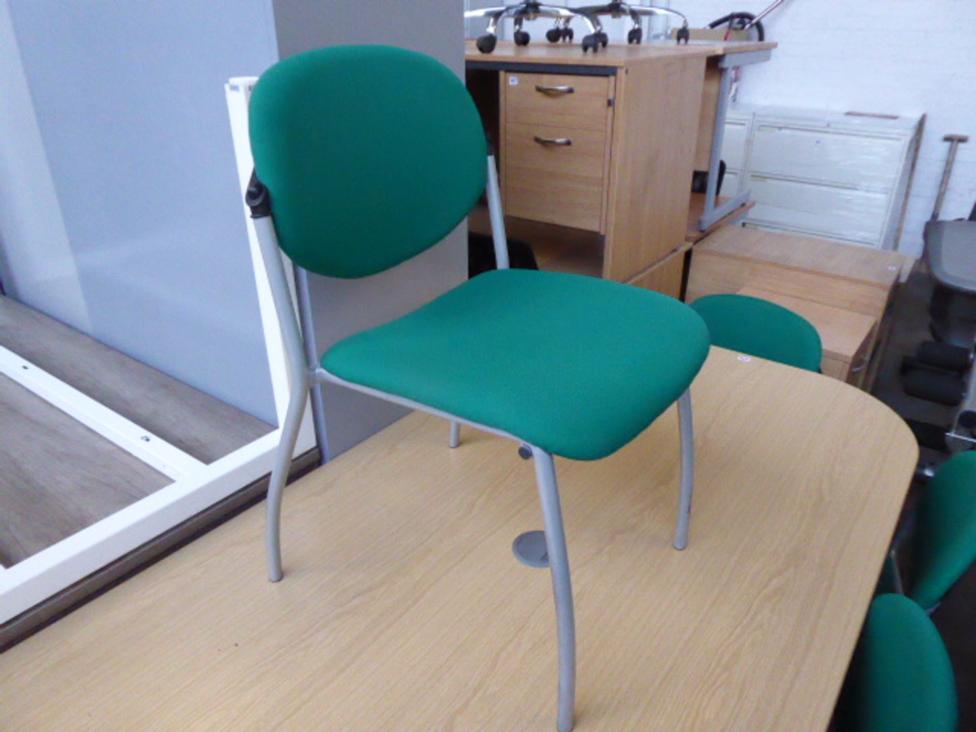 200cm oak effect meeting table, with a set of 6 Pledge metal frame green cloth chairs - Image 3 of 3