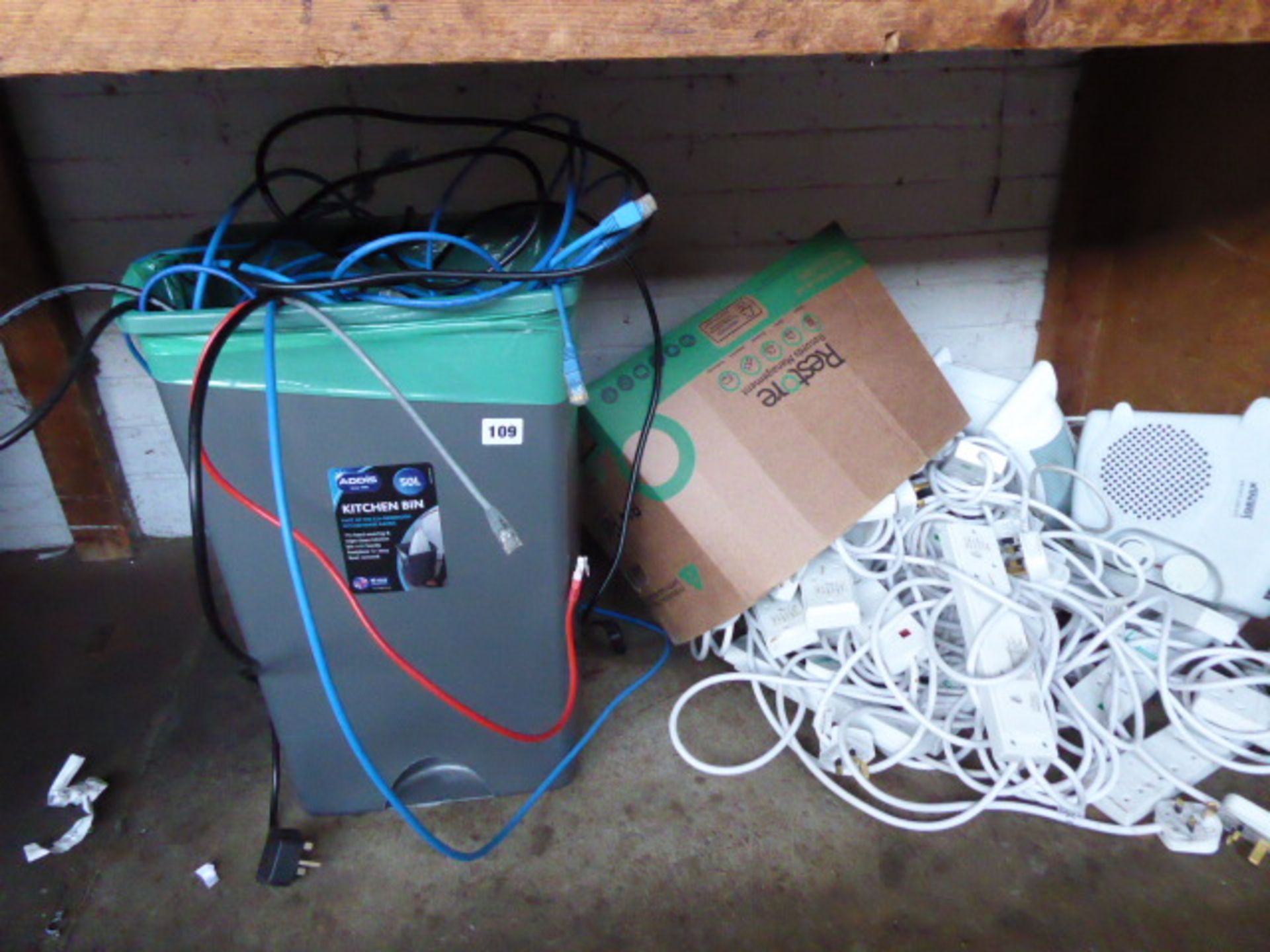 Qty of white extension leads, electric heaters and bin containing IT cables