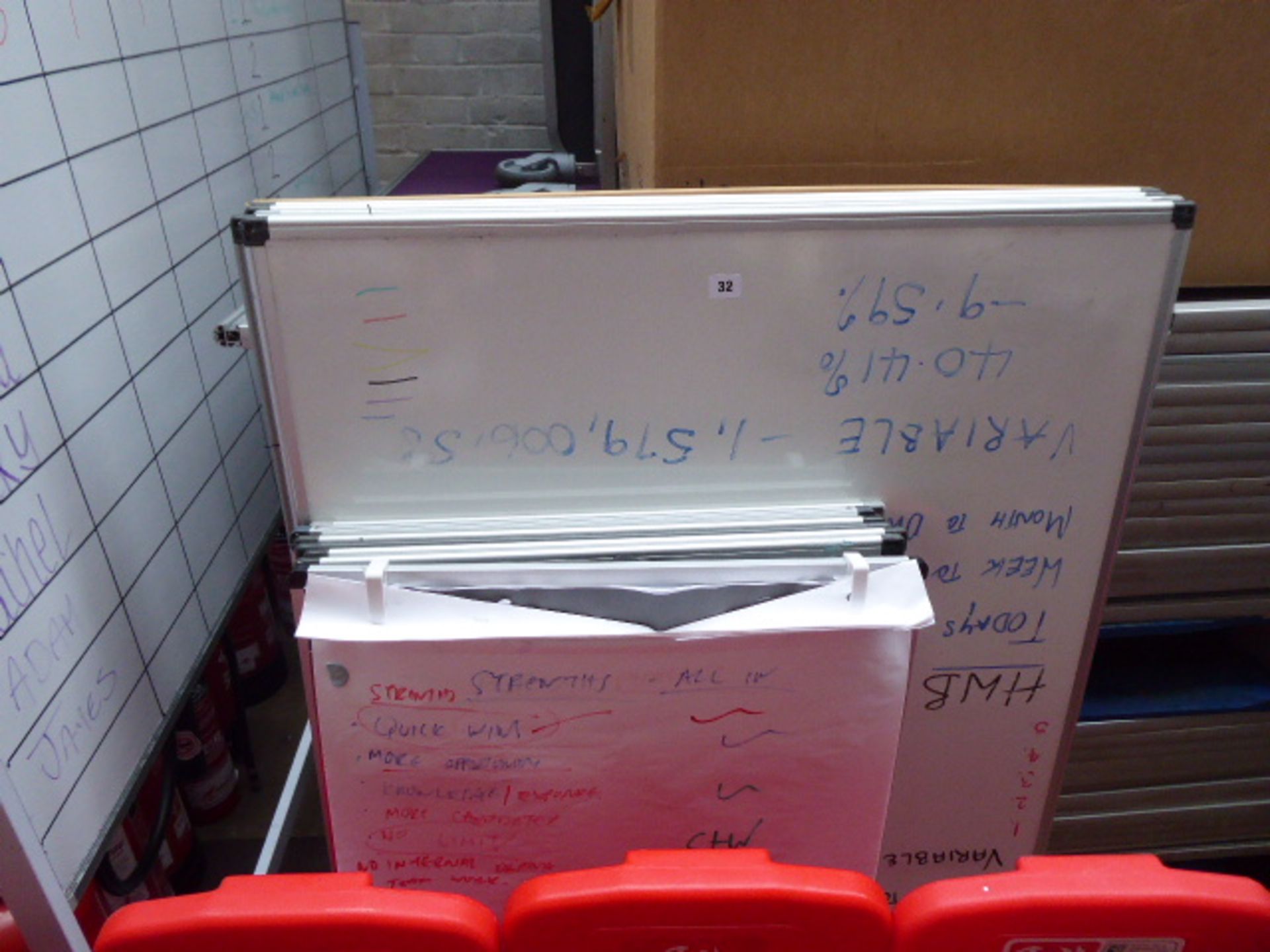 Approx. 10 medium and small size wall mount whiteboards and a A frame flip board