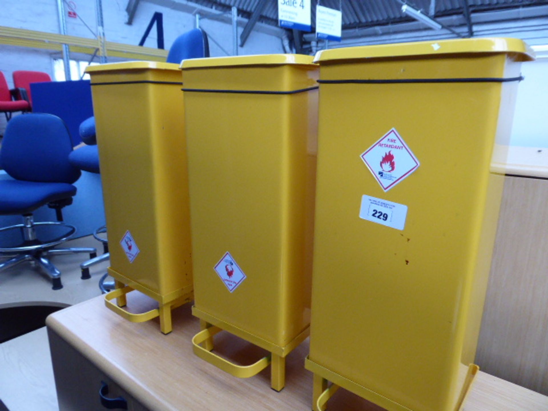 3 yellow treadle bins