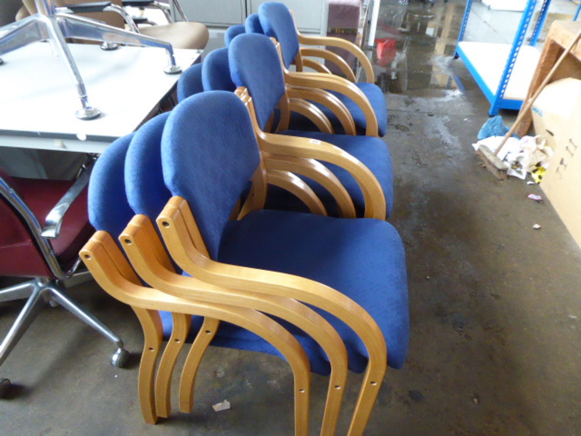 9 bent wood and blue cloth stacking chairs - Image 2 of 2