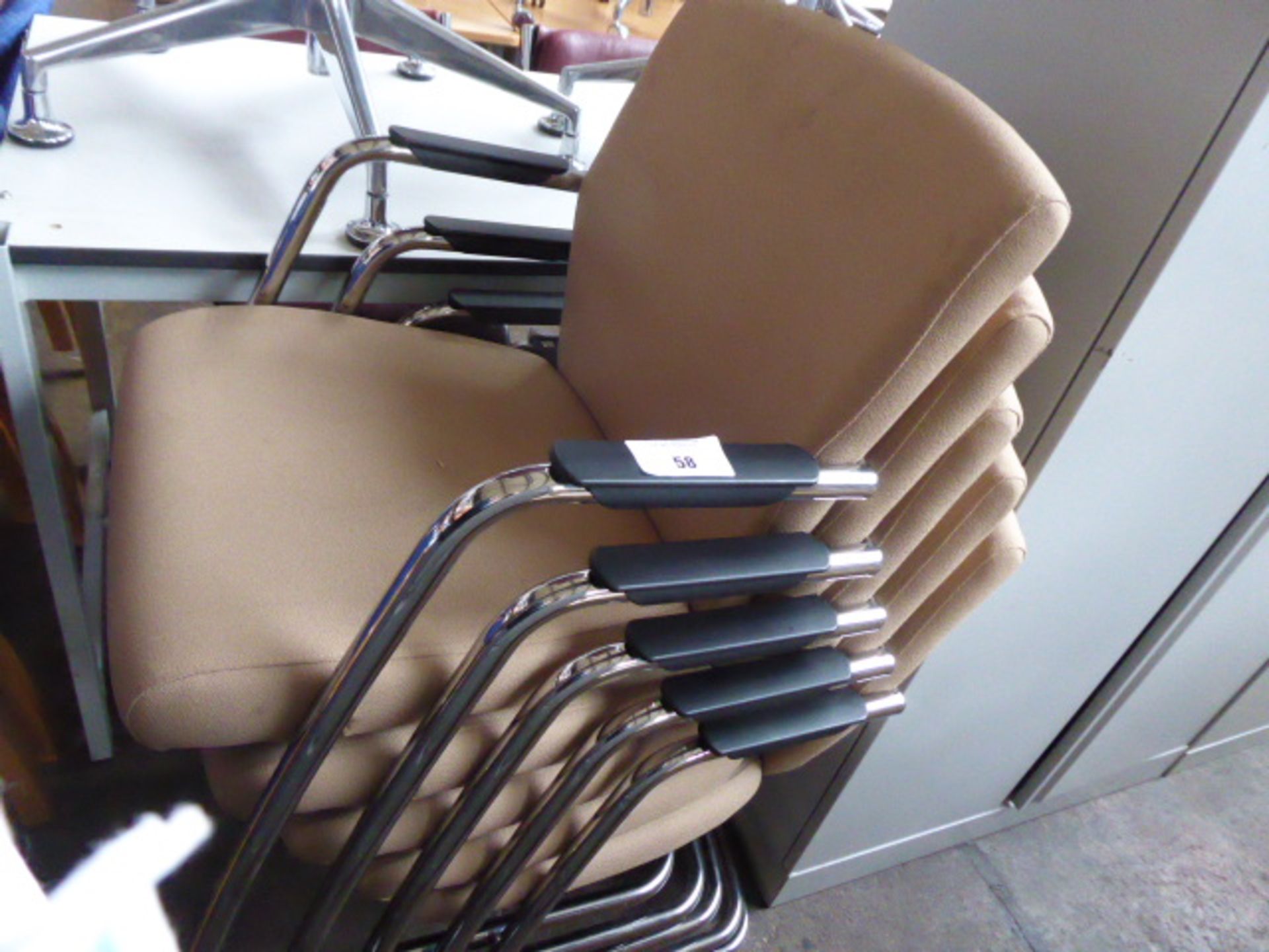 5 chrome frame and brown cloth padded stacking chairs - Image 2 of 2