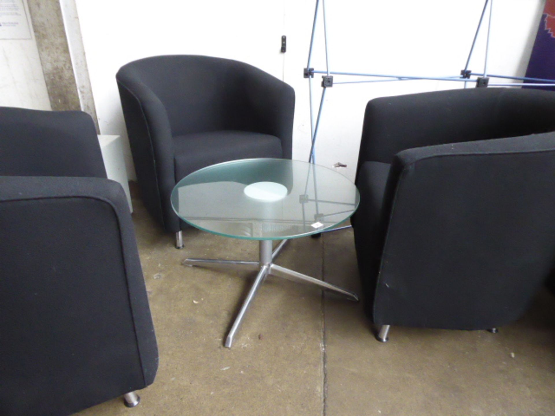 3 Orange Box black cloth tub chairs with a low circular glass top coffee table - Image 2 of 2