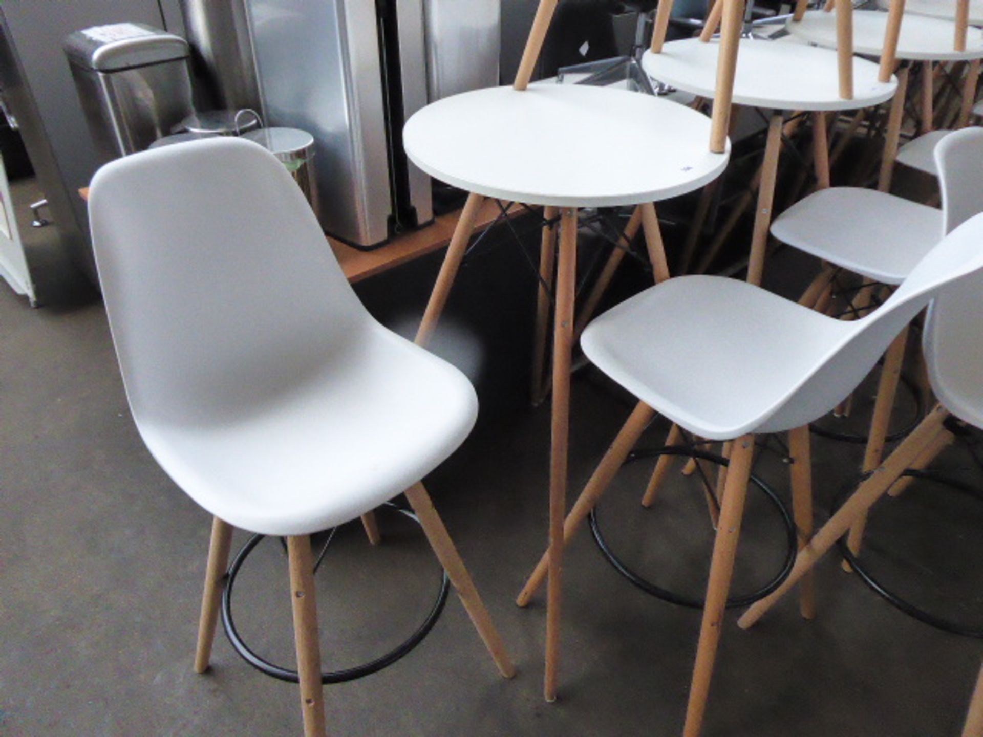 High level 60 cm diameter white top Eiffel style table with 3 matching high level stools