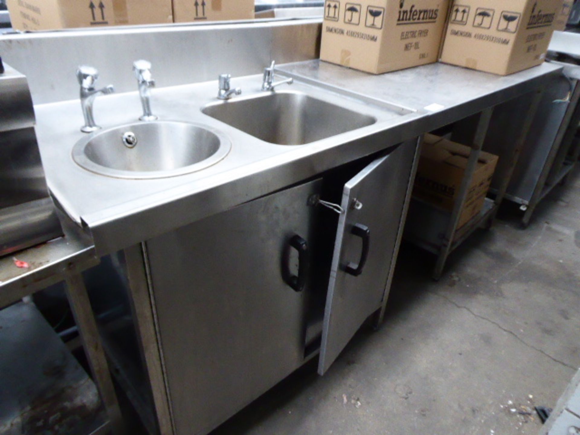 200cm stainless steel preparation counter with single bowl sink with taps and hand basin with taps