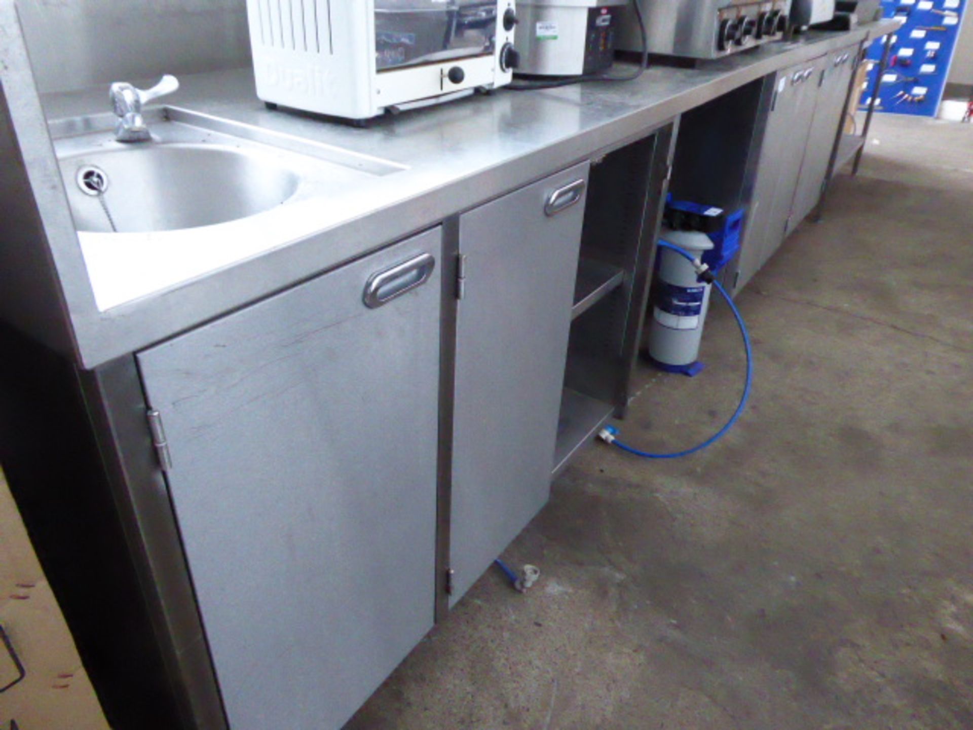 350cm stainless steel preparation counter with hand basin and tap set, space for under counter - Image 2 of 4