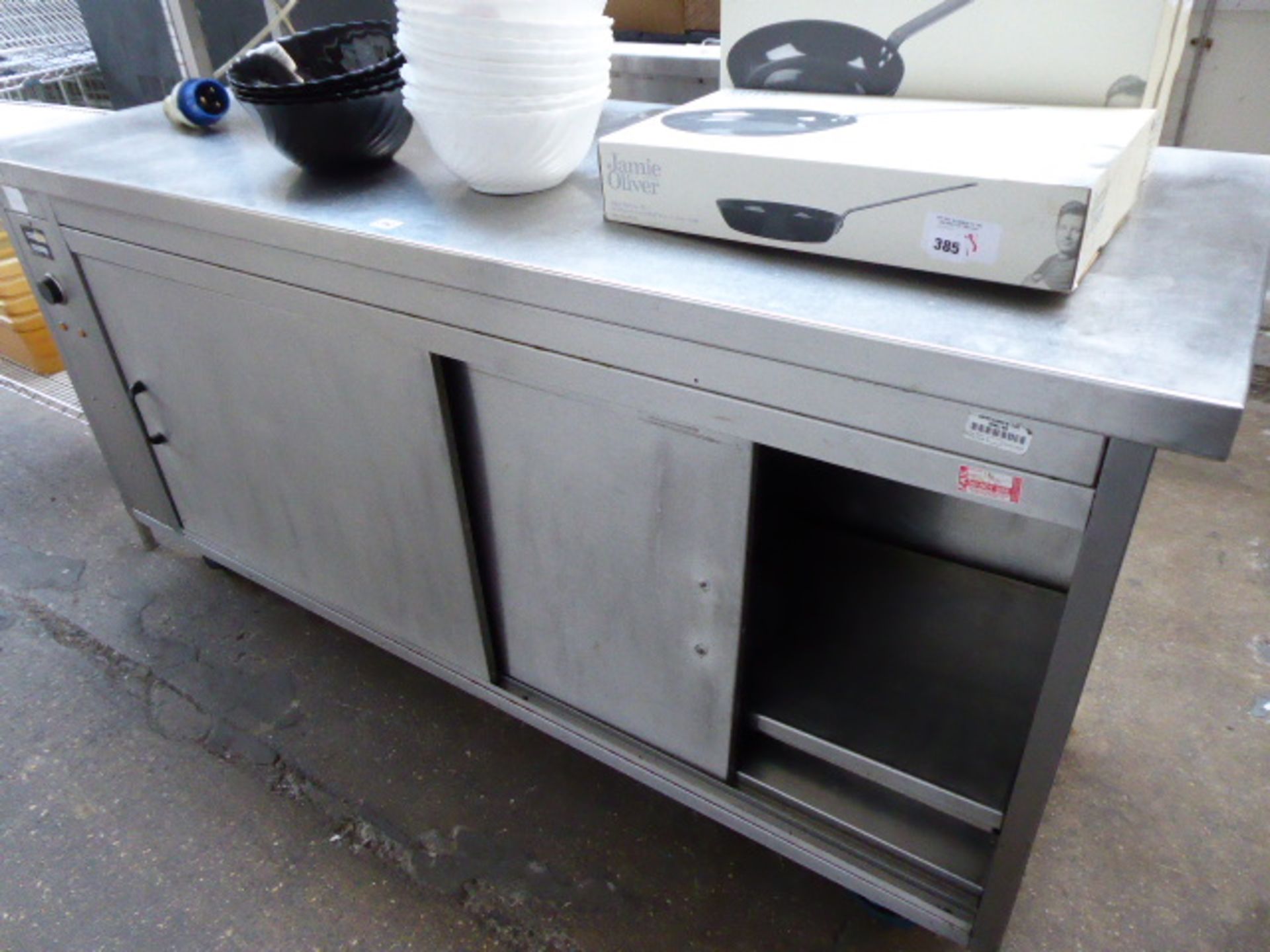 (66) 180cm Stainless steel mobile pot counter with preparation top 2 door sliding cupboard under - Image 2 of 3