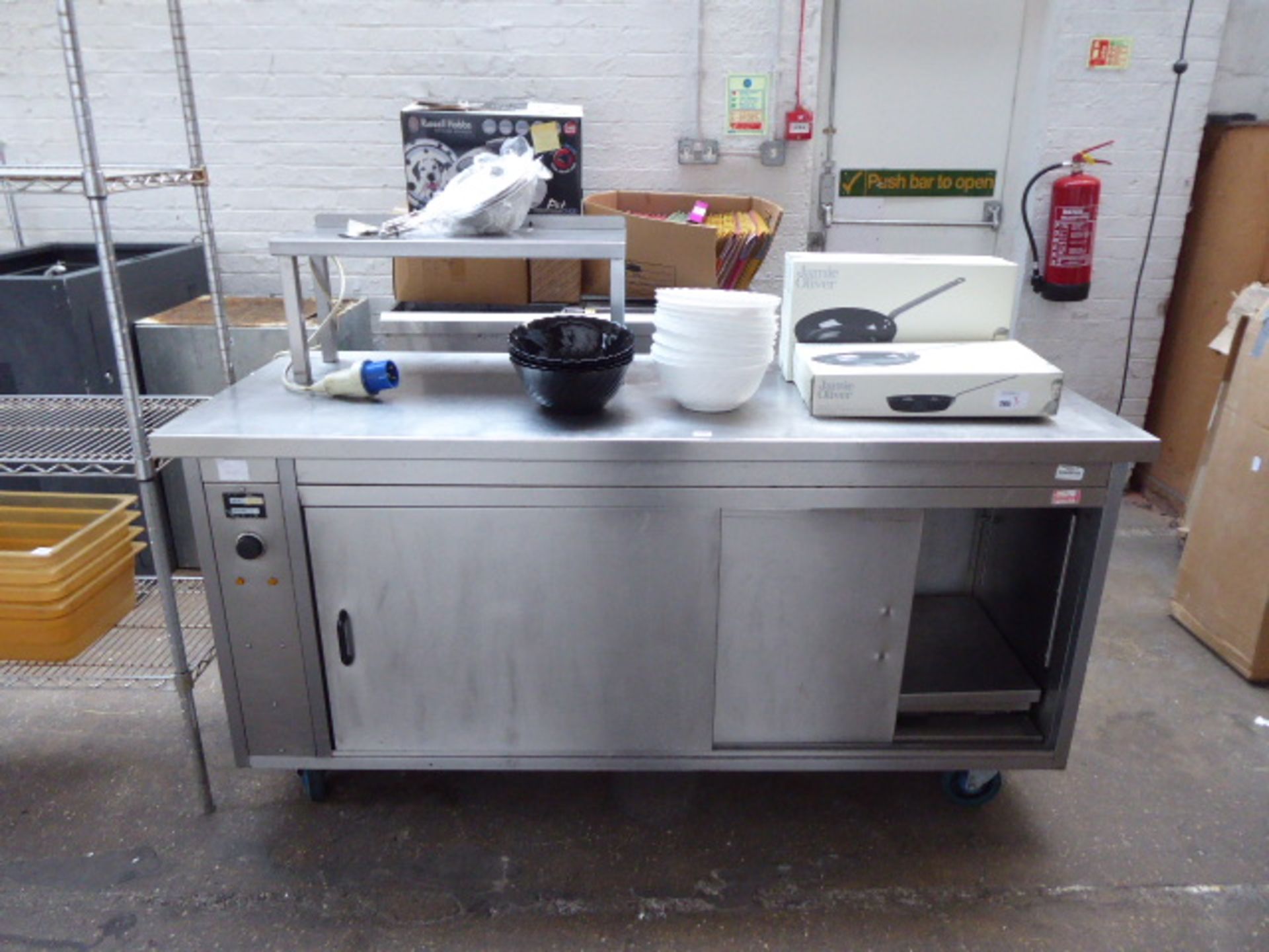 (66) 180cm Stainless steel mobile pot counter with preparation top 2 door sliding cupboard under