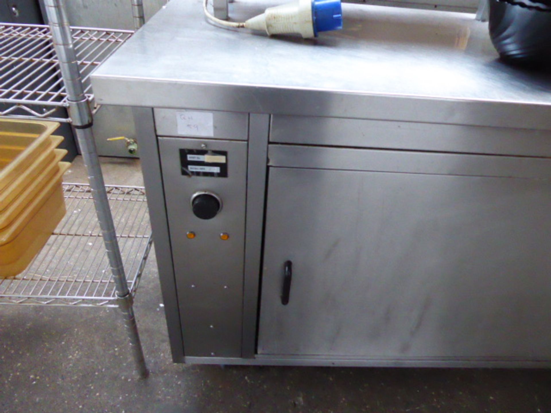 (66) 180cm Stainless steel mobile pot counter with preparation top 2 door sliding cupboard under - Image 3 of 3