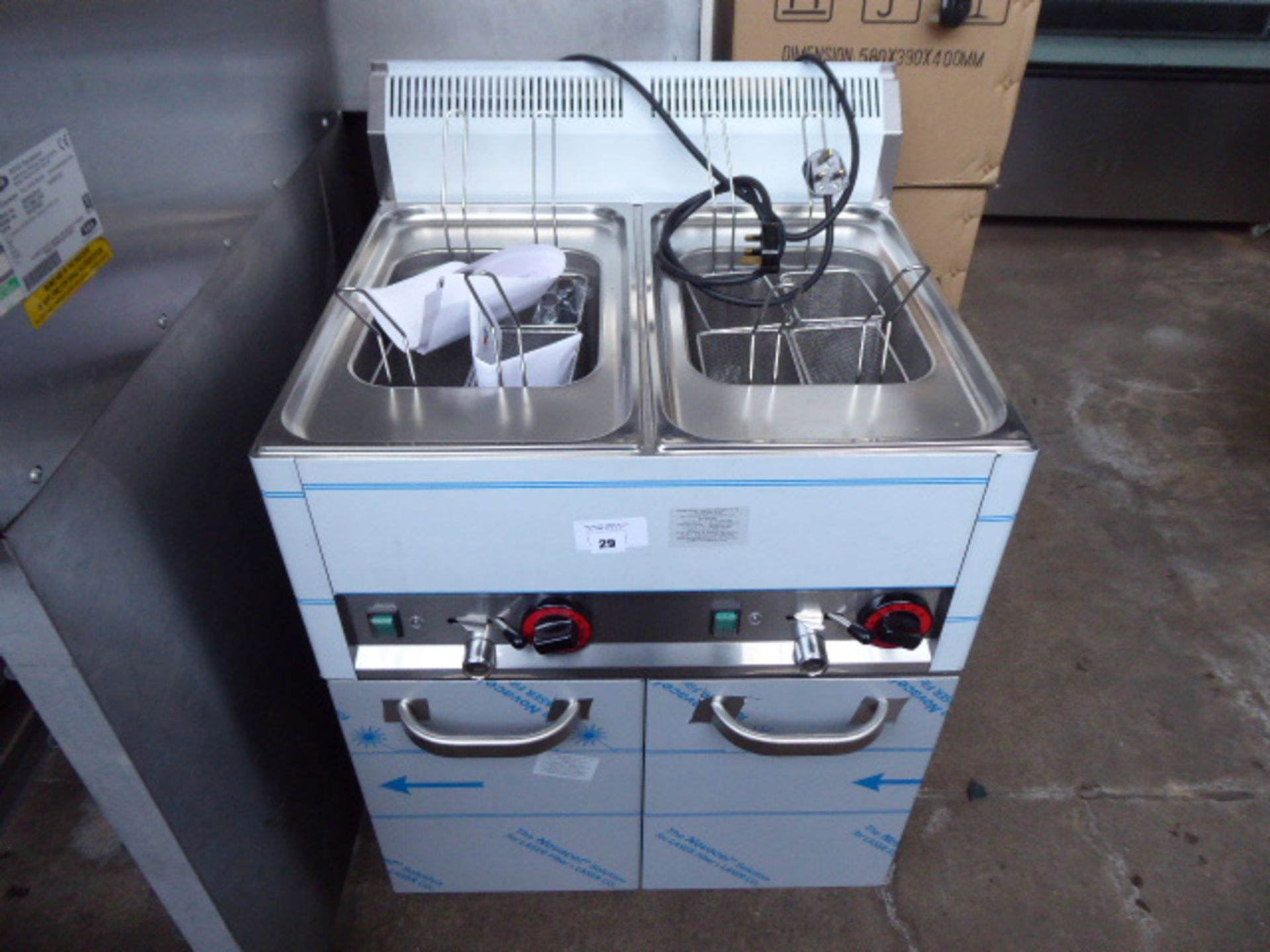 (TN14) 66cm electric RM Gastro VT-60EL twin tank pasta cooker with 8 baskets on 2 door bench