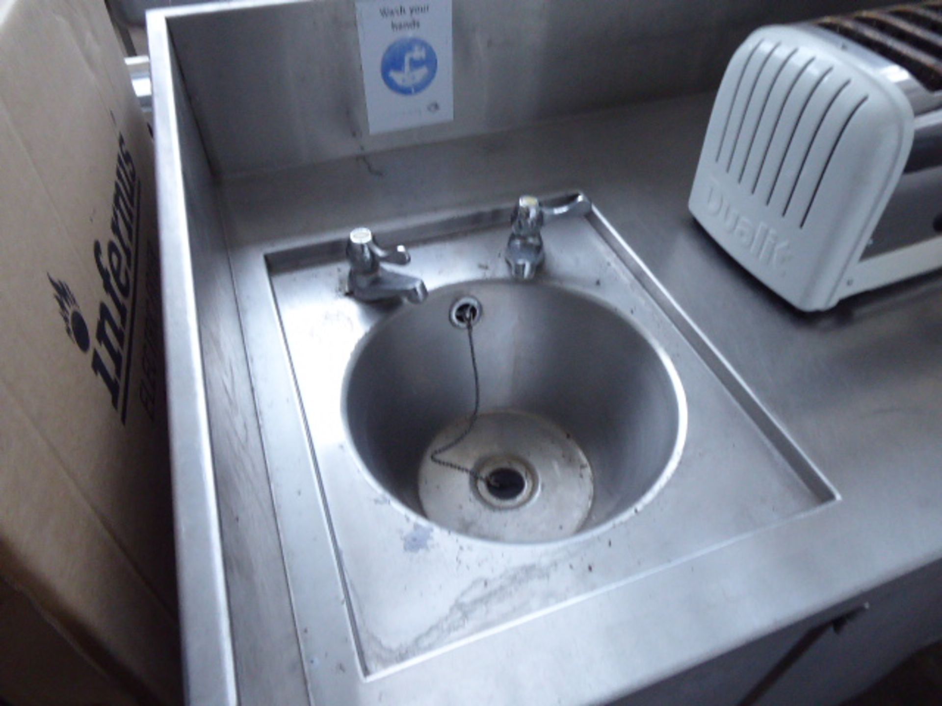 350cm stainless steel preparation counter with hand basin and tap set, space for under counter - Image 3 of 4