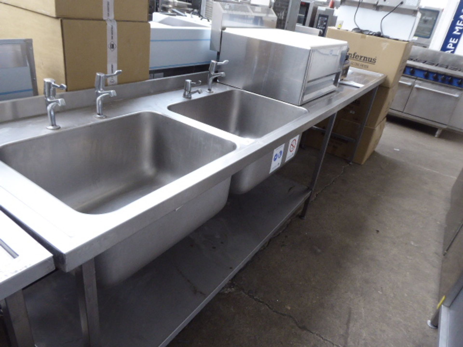 315cm stainless steel double bowl sink unit with tap sets, draining board and a hand basin with