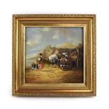 Continental School, 19th century, fishing on a busy coast, unsigned, oil on board, 24.5 x 25.
