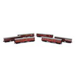 Eighteen Hornby Dublo OO gauge passenger coaches and restaurant cars, each in maroon livery,