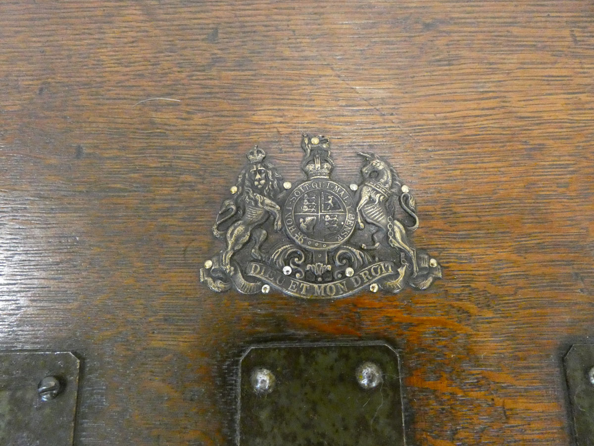 A 19th century oak and bound silver chest with later leatherwork, bearing a royal crest, w. - Image 3 of 6