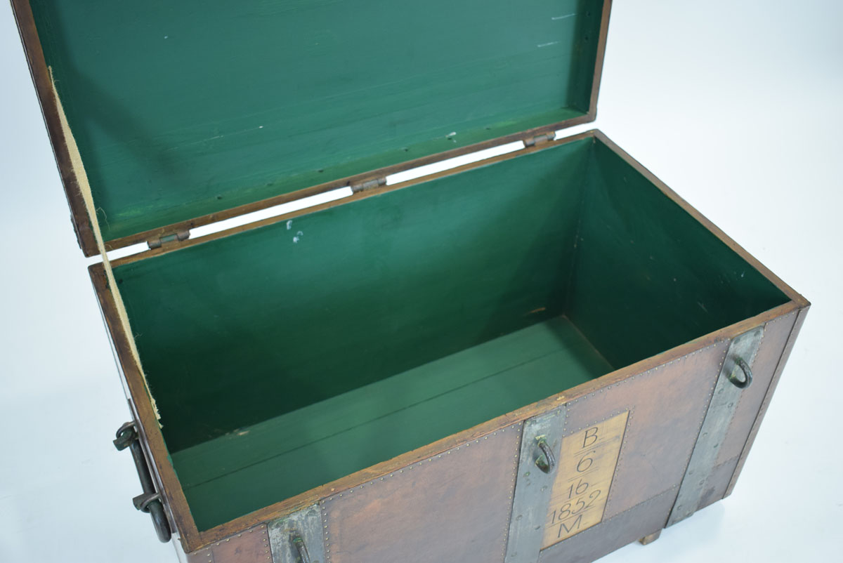 A 19th century metal bound trunk with leatherwork and brass studwork, the interior painted green, - Image 3 of 3