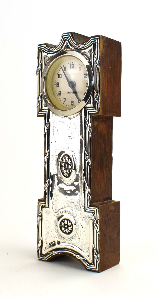 An Edwardian novelty silver mounted oak mantel timepiece modelled as a grandfather clock, - Image 2 of 4