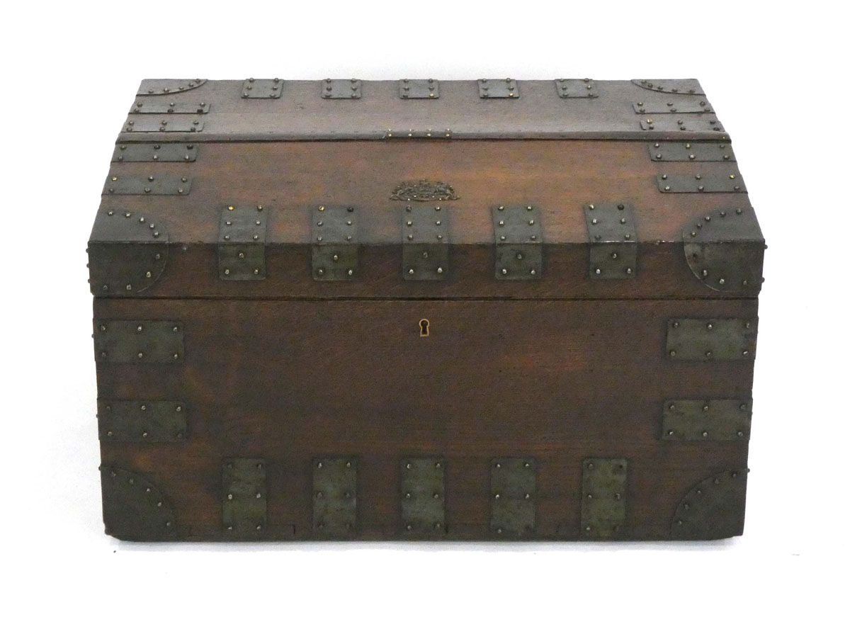 A 19th century oak and bound silver chest with later leatherwork, bearing a royal crest, w.