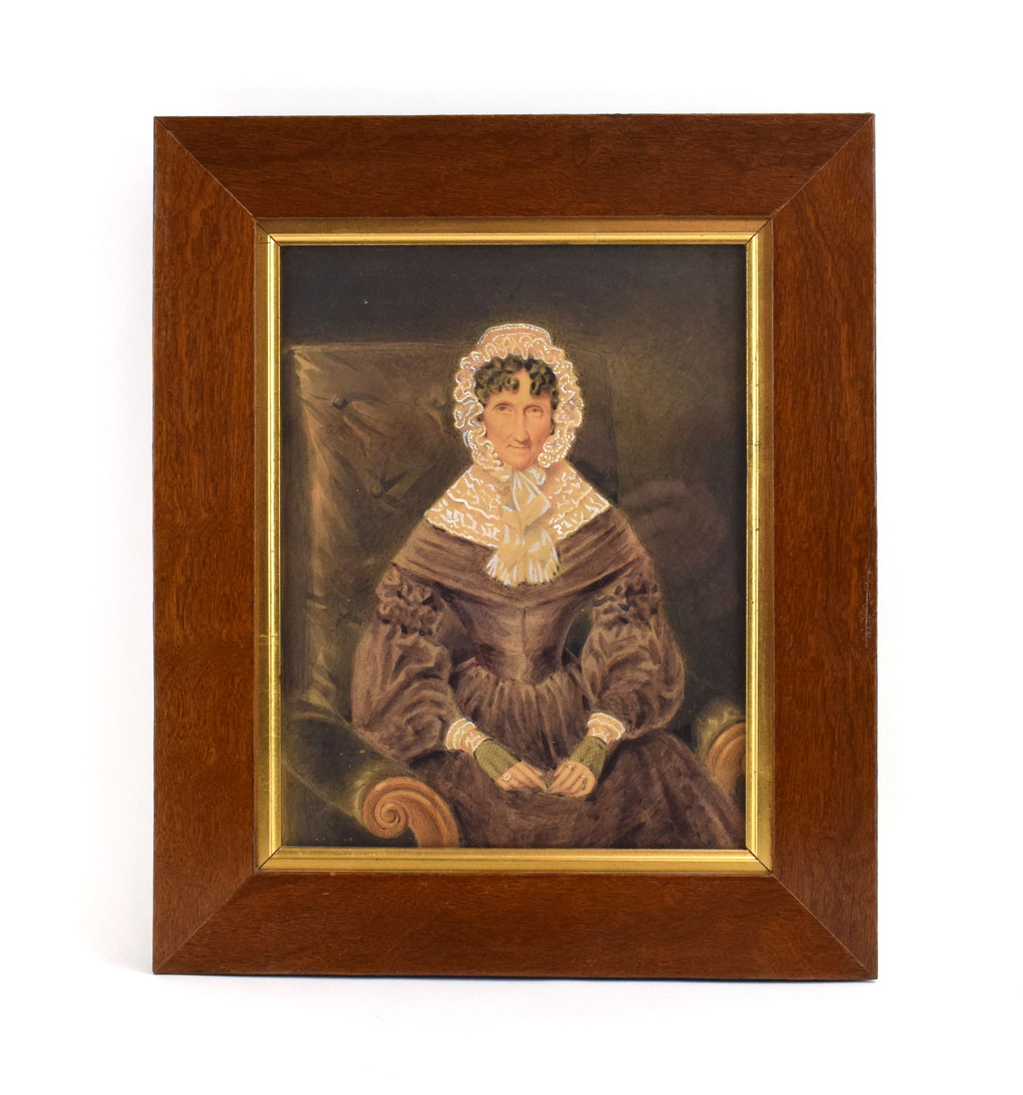 English School, 19th century, a half length portrait of a lady wearing a white bonnet, unsigned,