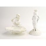A Royal Worcester blanc de chine dish modelled as a young boy sitting on a trunk, h. 15.
