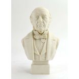 A Robinson & Leadbeater parian bust modelled as Gladstone on a square plinth base, h. 19.