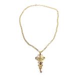A 9ct yellow gold flat curblink necklace suspending an Edwardian 9ct yellow gold openwork pendant