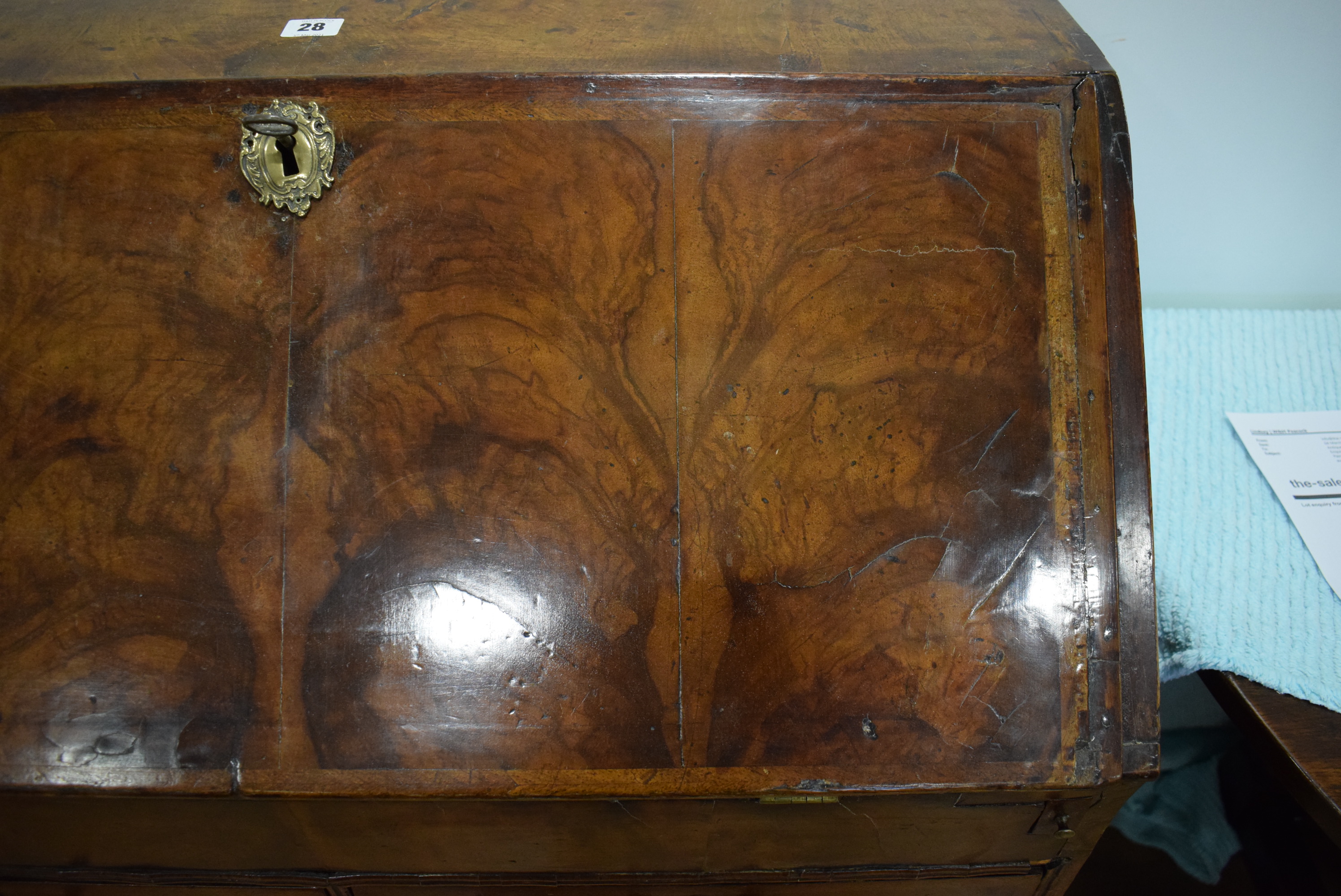 A George I/II walnut and feather crossbanded bureau, the fall front enclosing a fitted interior, - Image 30 of 55