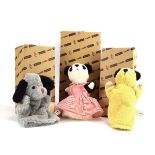 Three limited edition Deans Rag Book puppets modelled as Sooty, Sweep and Soo,