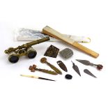 A small group of collectables including a pair of brass and mother-of-pearl opera glasses,
