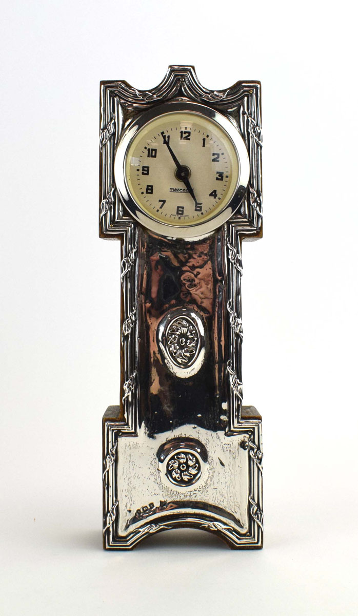 An Edwardian novelty silver mounted oak mantel timepiece modelled as a grandfather clock,