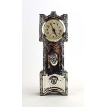 An Edwardian novelty silver mounted oak mantel timepiece modelled as a grandfather clock,