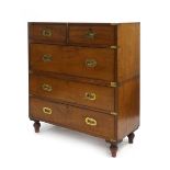 A 19th century mahogany and brass bound campaign chest with two short over three long drawers,
