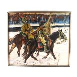 ..Kowol (?Russian, 20th century) cavalry officers under snow, signed, oil on canvas, 60.5 x 70.