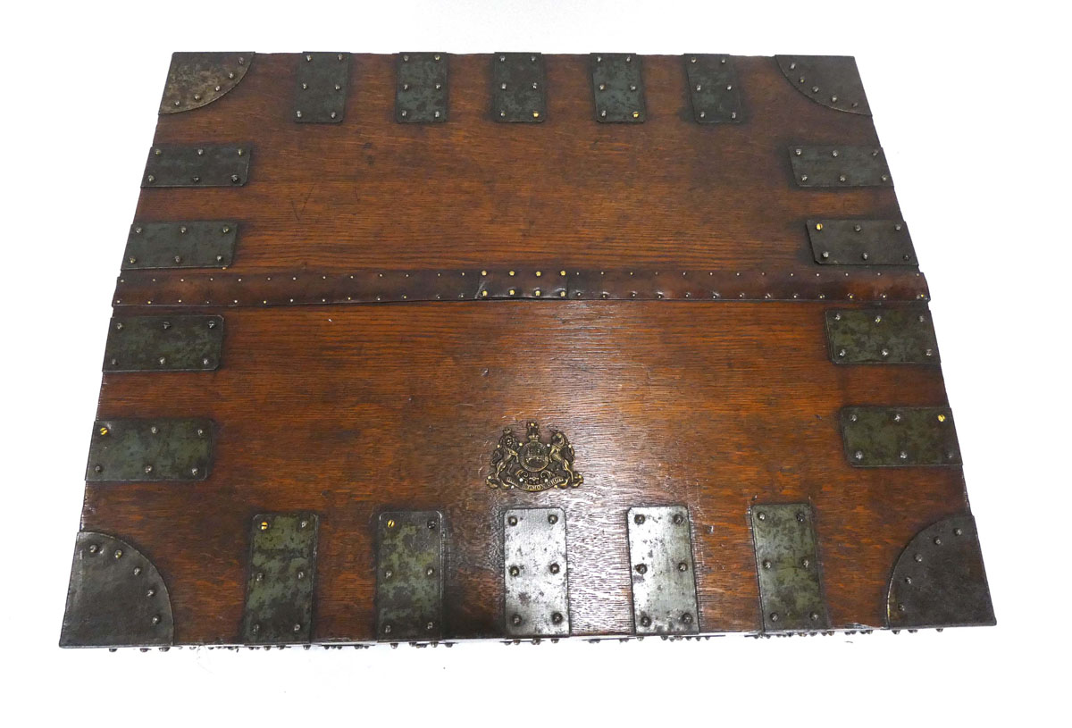 A 19th century oak and bound silver chest with later leatherwork, bearing a royal crest, w. - Image 4 of 6