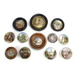 Twelve 19th century pot lids and pots, some mounted, max d. 10.