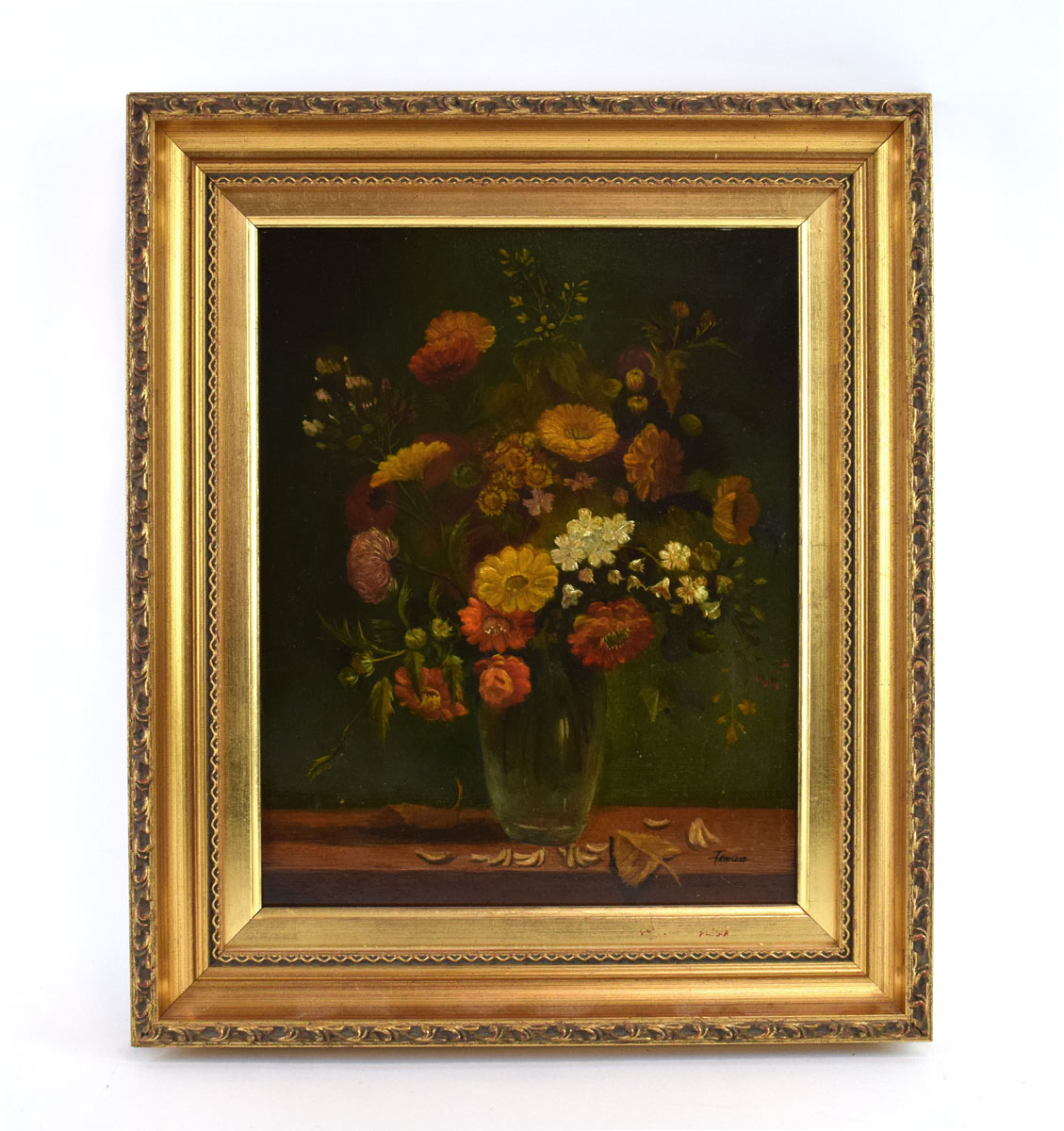 ..Francia (European, 20th century), still life-vase of flowers, signed, oil on board, 28.5 x 22.