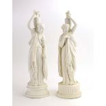 A near pair of parian figures, each modelled as a female beauty carrying a Grecian water urn, max h.